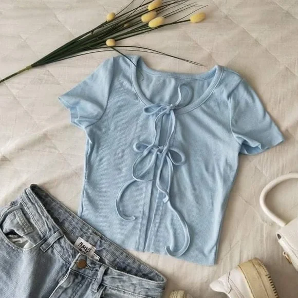 SOLD! Baby Blue Tie Up Tee - Picture 2 of 3